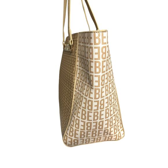 Bebe Ashley Logo Print Tote Bag Tan Handbag Purse XL Large School Work - Picture 3 of 16
